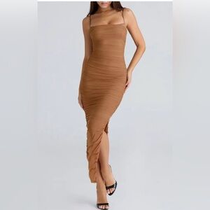 House of CB Tan Asymmetrical Ruched Dress